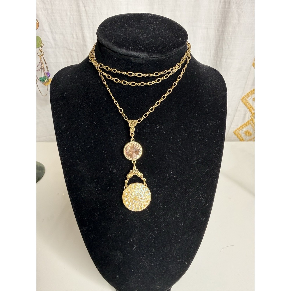 Vintage Grandmothers Buttons Necklace Topaz Gold Tone Rhinestone